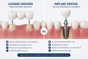 Infographic comparing tooth extraction and dental implant—left shows natural tooth replacement; right shows implant with crown and abutment.