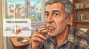 Older man smoking a cigarette with an inset dental diagram about smoking and periodontitis; diagram labels gums and teeth