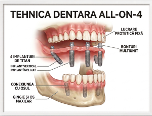 Cross-section of full-arch dental implants with four titanium implants supporting a fixed prosthesis in both jaws.
