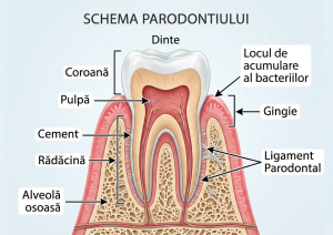 Schema parodontiului: dinte în secțiune, coroana, pulpă, cement, rădăcină, gingie, ligament parodontal, alveolă osoasă și locul acumulării bacteriilor.