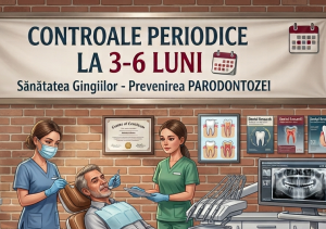 Dental clinic illustration: a patient in a dental chair attended by two nurses, with a Romanian banner about periodic checkups every 3–6 months in the background.