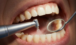 Close-up of a dental instrument spraying water into a patient’s mouth while a mirror reflects the teeth during a cleaning.
