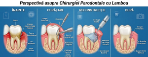 Infografic în 4 etape despre chirurgie parodontală: înainte, curățare, reconstrucție, după.